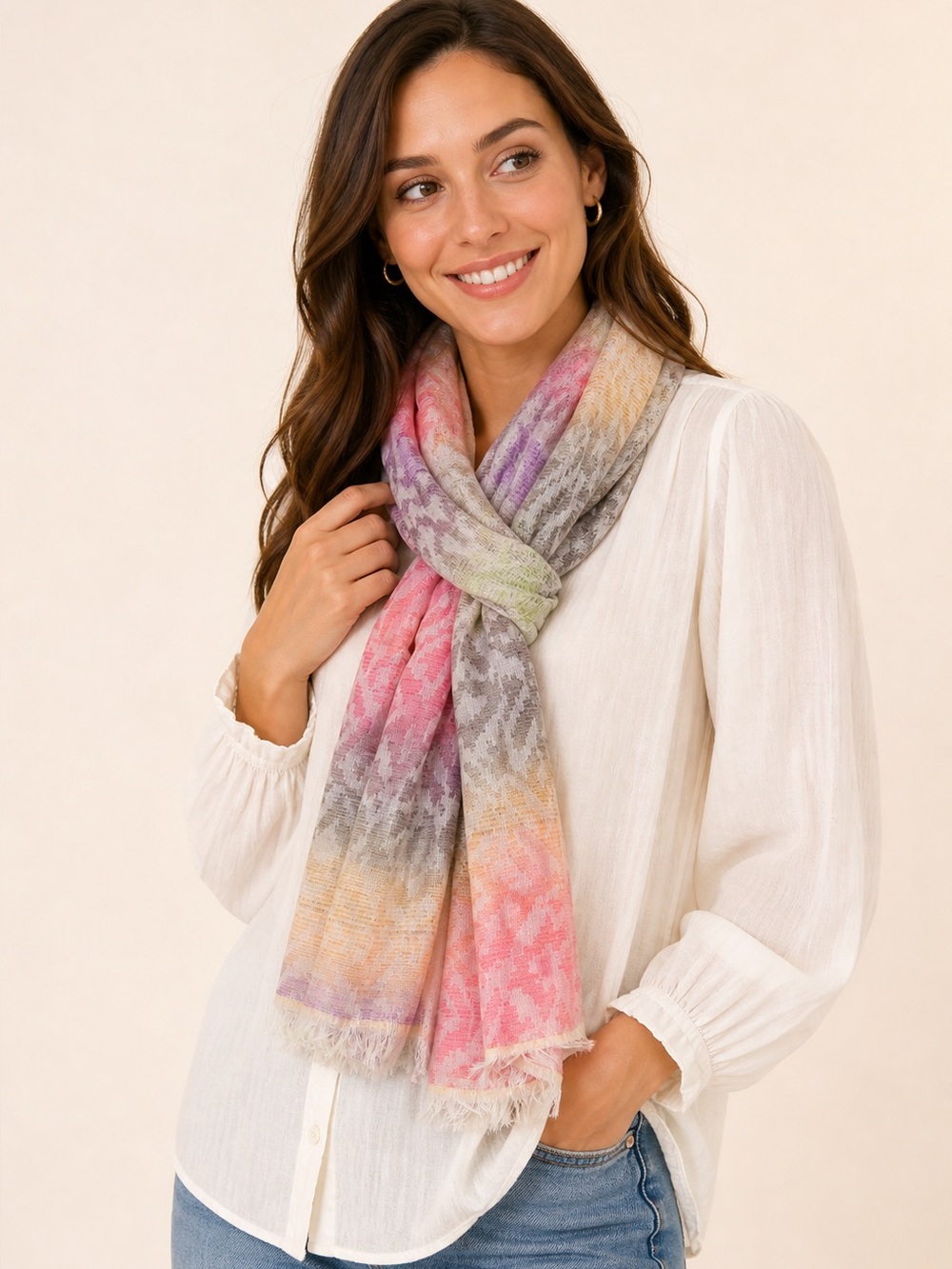 Multi Color Ombré Modal Scarf Lightweight Soft Fringe Wrap Boho Chic